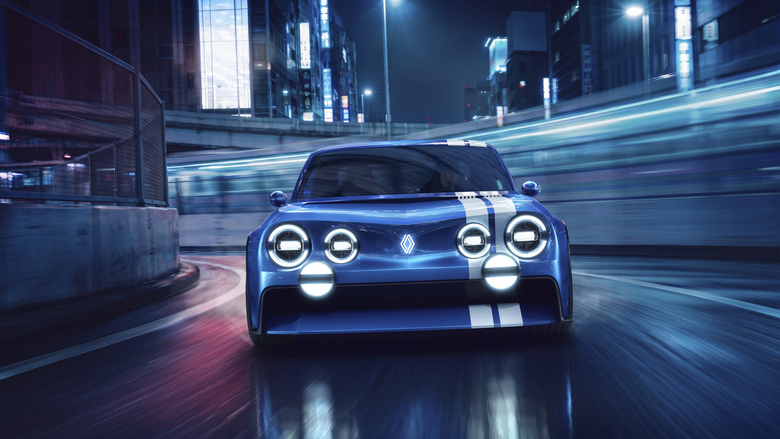 Mavi gövdeli, çift beyaz şeritli Renault 8 Gordini Concept'in önden görünümü