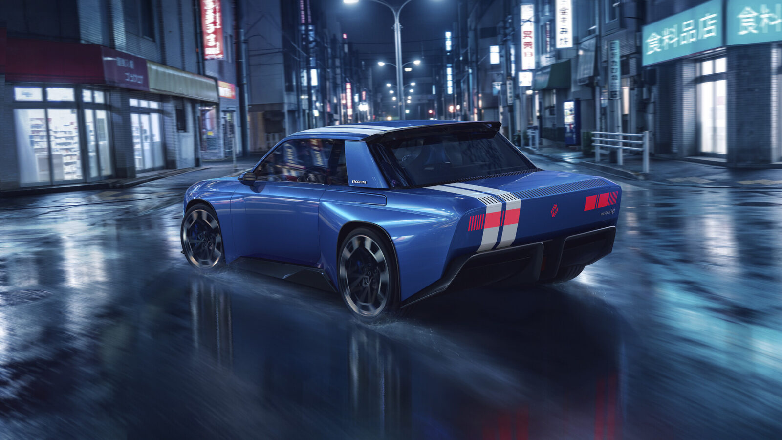 Renault 8 Gordini Concept'in arkadan görünümü, çift beyaz şerit ve kırmızı stop lambaları