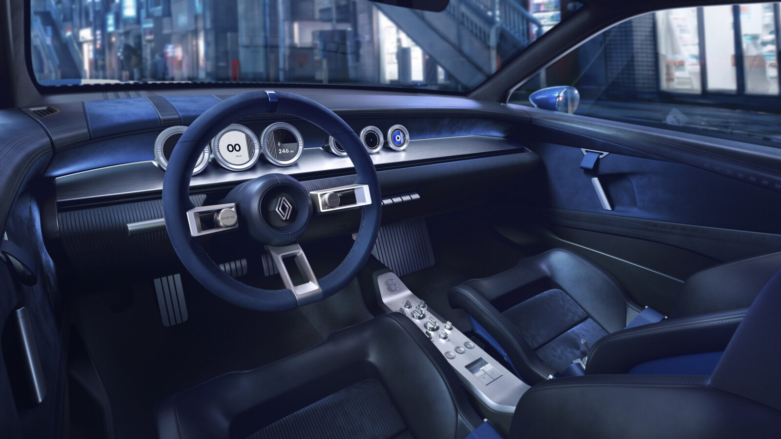 Renault 8 Gordini Concept'in iç mekânı: yuvarlak dijital göstergeler ve alüminyum konsol