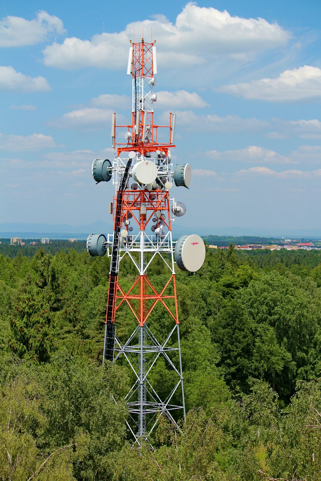 Traliccio per telecomunicazioni bianco e rosso con antenne e parabole sopra un bosco