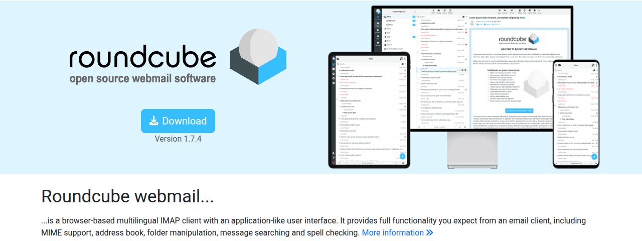 De officiële website van Roundcube met het logo en de webmailinterface op computer, tablet en smartphone
