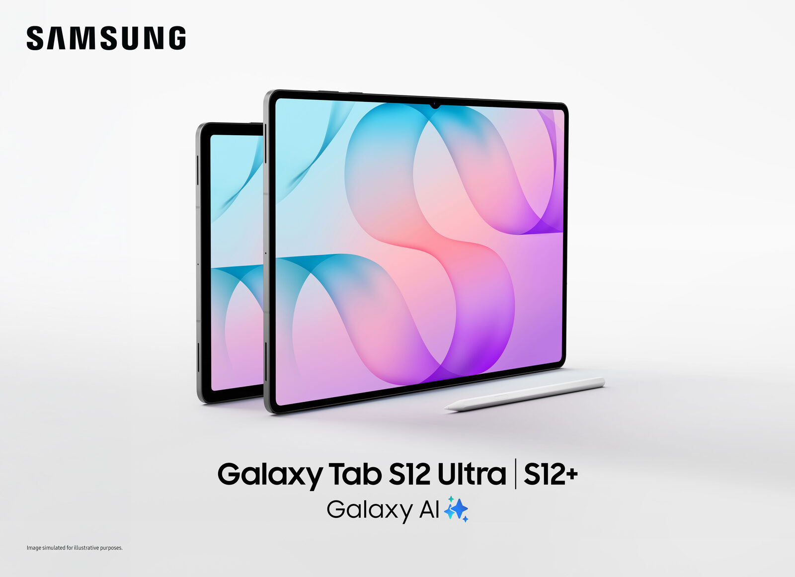 Galaxy Tab S12 Ultra e Galaxy Tab S12+ affiancati con la S Pen su sfondo chiaro