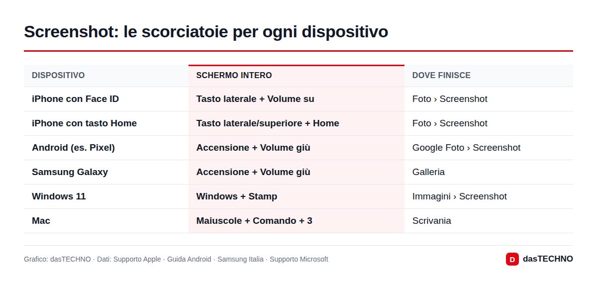 Screenshot: le scorciatoie per ogni dispositivo