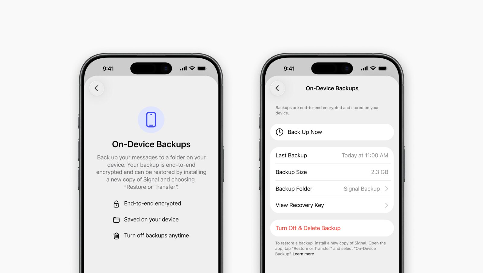Zwei iPhone-Bildschirme mit dem neuen Menü für lokale Signal-Backups auf dem Gerät