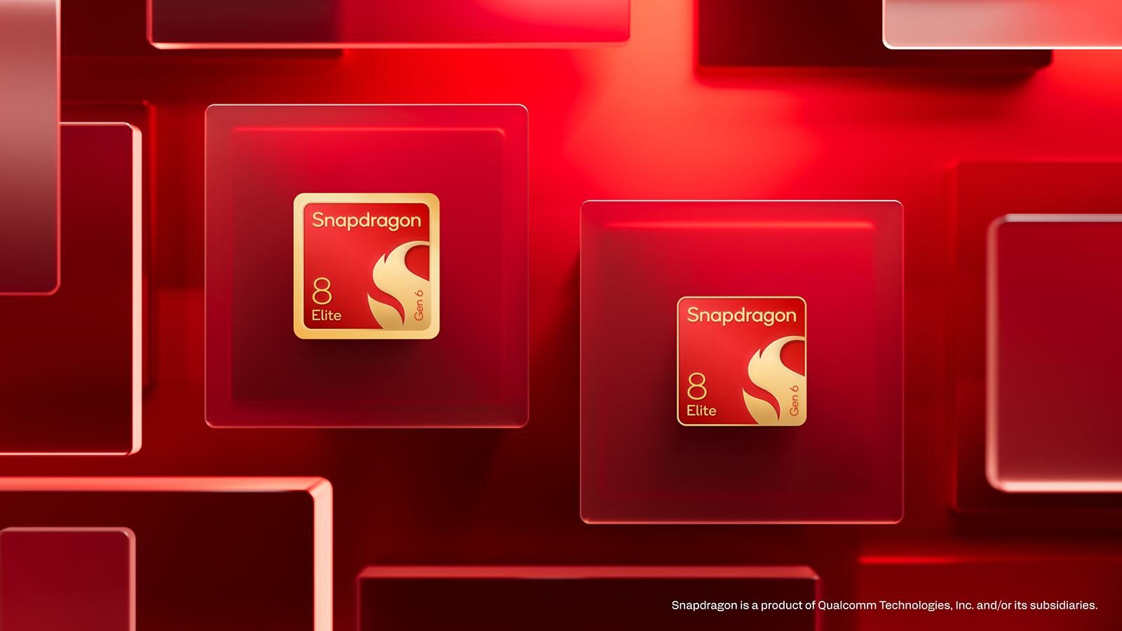 I loghi dei chip Snapdragon 8 Elite Extreme Gen 6 e Snapdragon 8 Elite Gen 6 su sfondo rosso