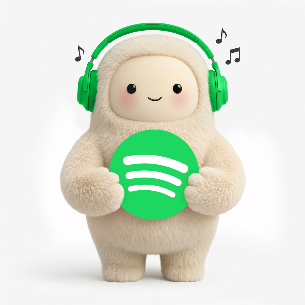 Offizielle Spotify-Illustration: das Muse-Maskottchen mit Kopfhörern und Spotify-Logo