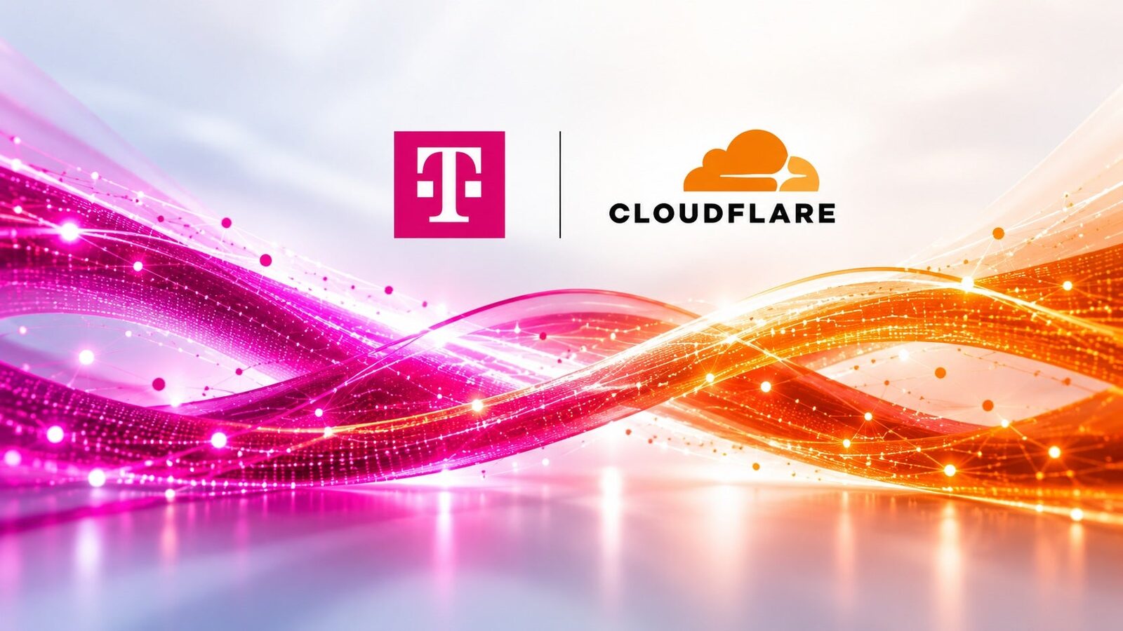 Logos von Deutsche Telekom und Cloudflare über einem pink-orangen Lichtband