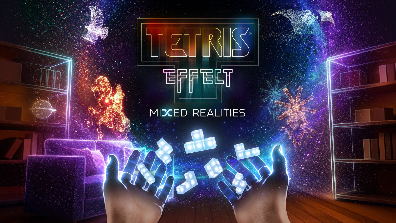 Bild: Meta Offizielles Artwork von Tetris Effect: Mixed Realities mit leuchtenden Tetris-Steinen über zwei Händen in einem Wohnzimmer