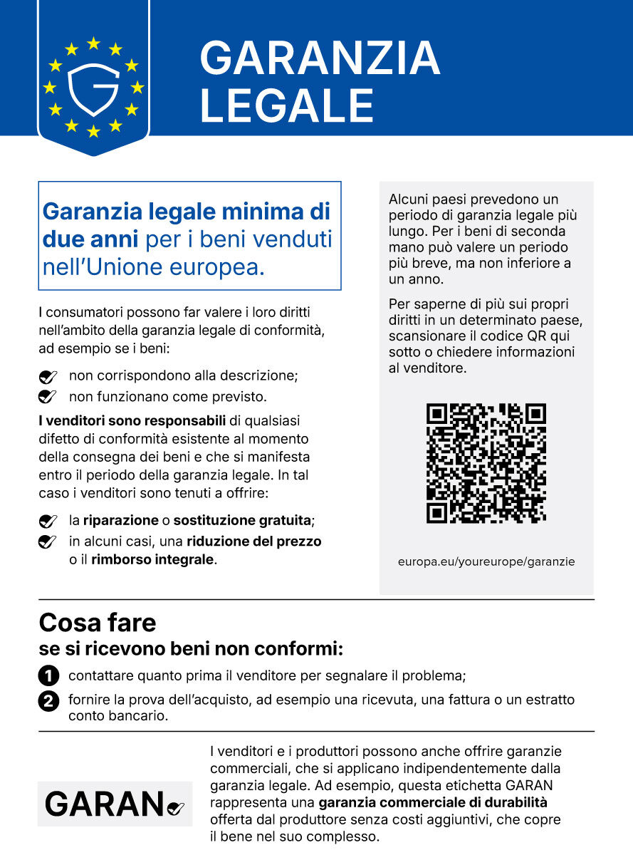 Avviso armonizzato UE sulla garanzia legale in versione italiana, con stelle europee, elenco dei diritti del consumatore e codice QR
