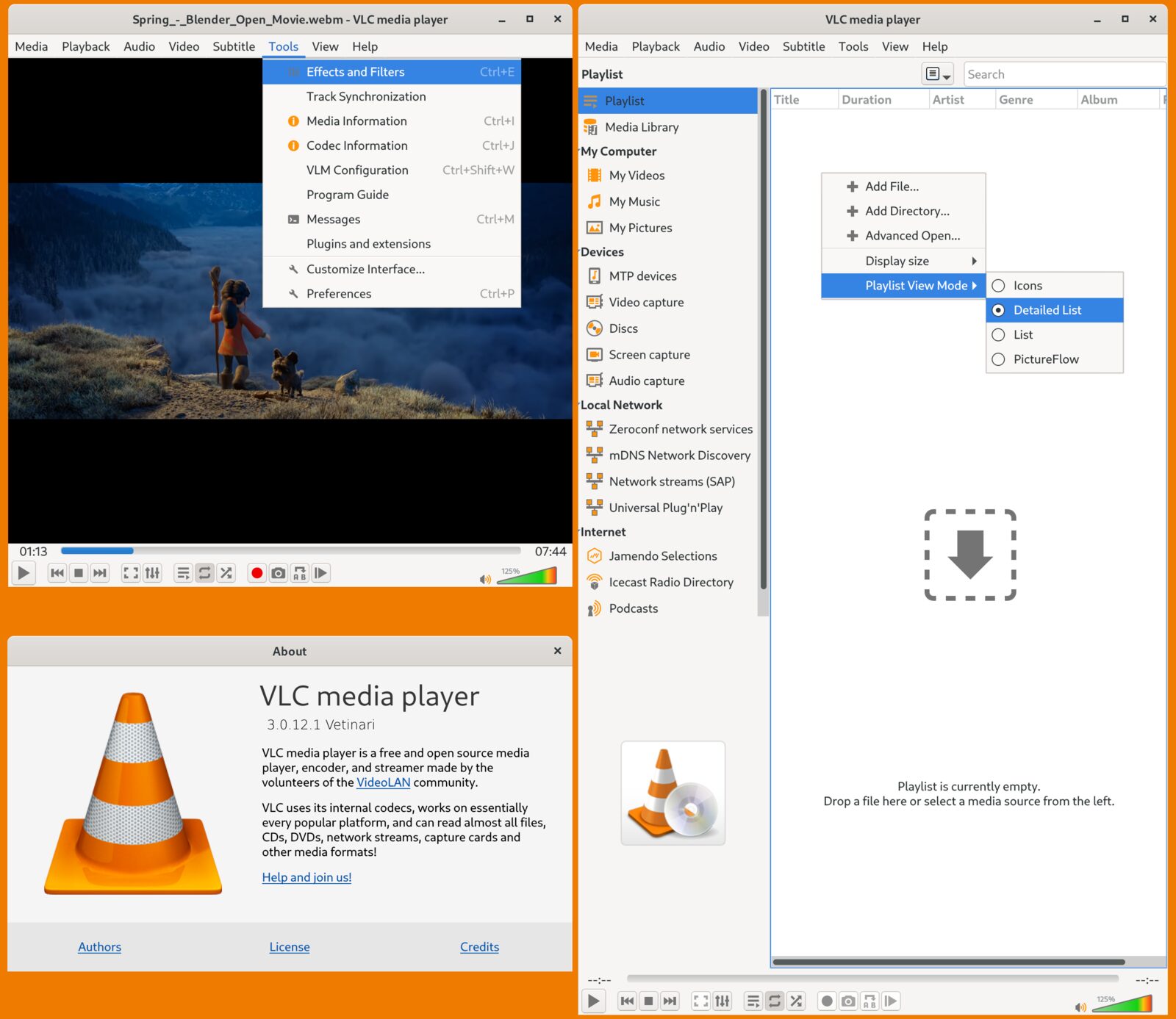 Oberfläche des VLC Media Player 3 unter Linux mit laufendem Animationsfilm und Wiedergabeleiste