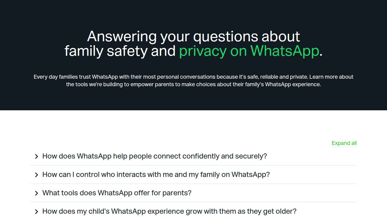 WhatsApp'ın resmi aile güvenliği ve gizlilik sayfasının üst bölümü ve ebeveyn araçlarıyla ilgili soru başlıkları