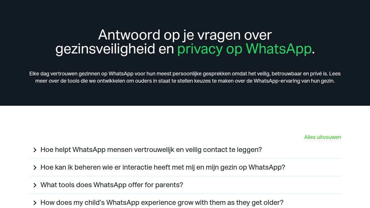 De officiële Nederlandstalige WhatsApp-pagina over gezinsveiligheid en privacy