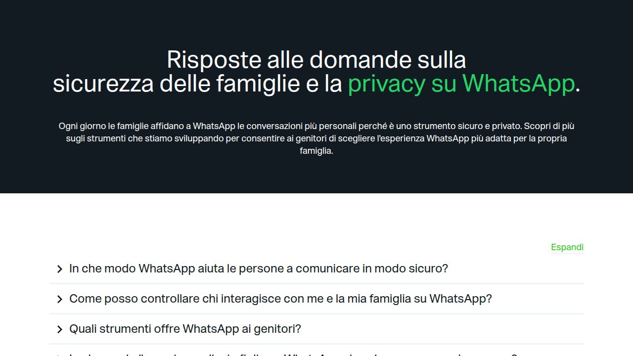 La pagina ufficiale di WhatsApp dedicata alla sicurezza delle famiglie, in italiano