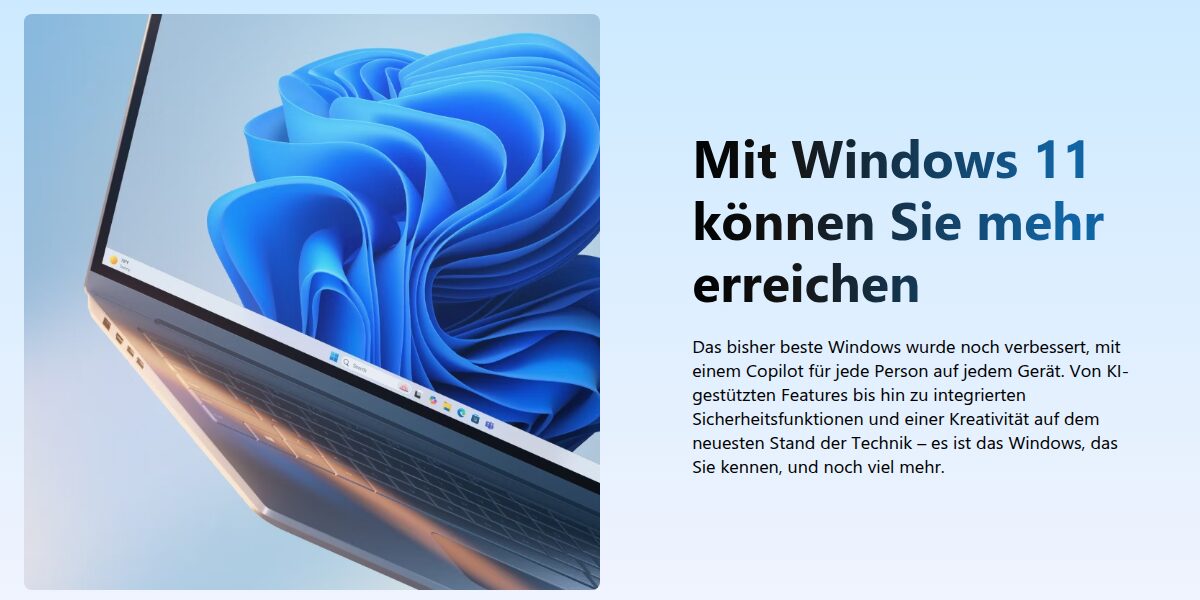 Laptop mit Windows-11-Hintergrund auf der deutschen Windows-Seite von Microsoft (Screenshot)