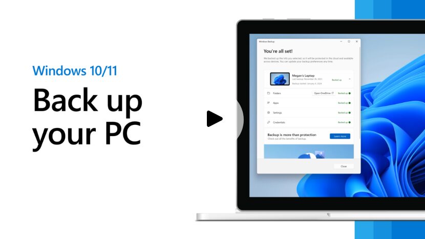 Microsoft destek sayfasında Windows Yedekleme uygulamasını dizüstü bilgisayar ekranında gösteren "Back up your PC" görseli
