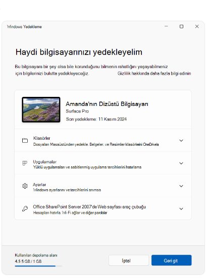 Windows Yedekleme uygulamasının klasörler, uygulamalar, ayarlar ve kimlik bilgileri seçeneklerini gösteren ekranı