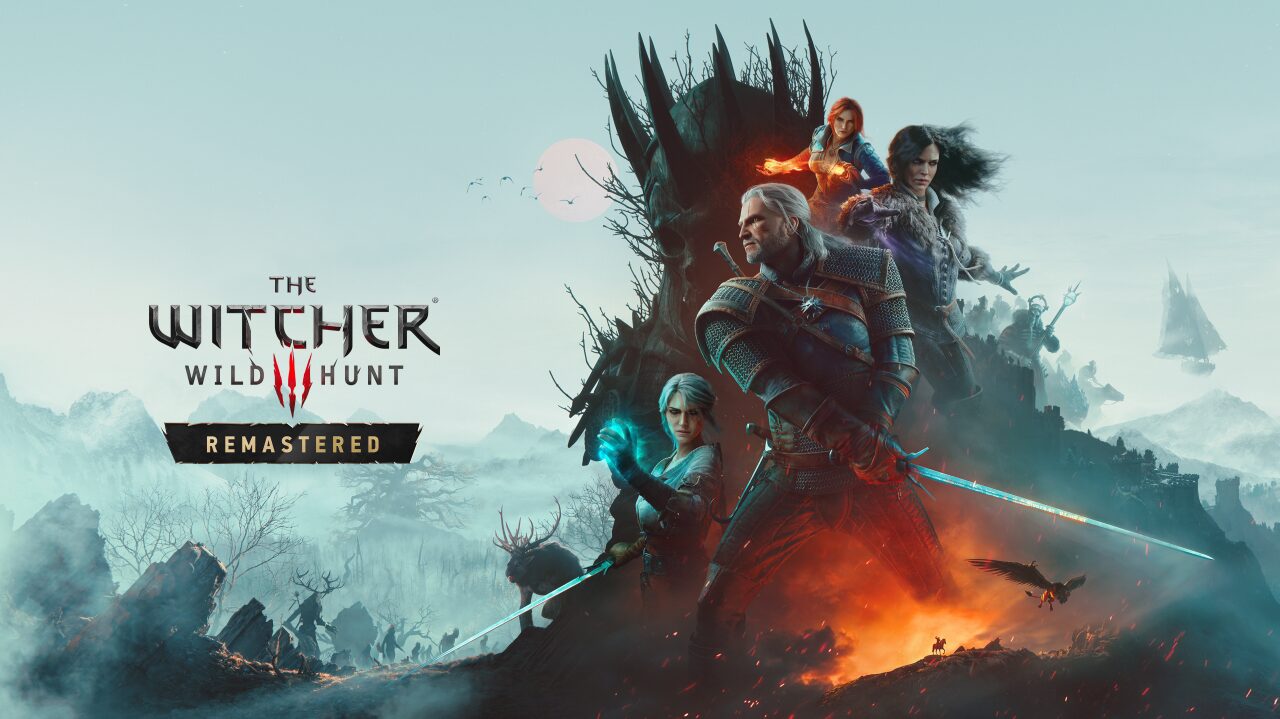 The Witcher 3 Wild Hunt Remastered resmi tanıtım görseli; Geralt, Ciri, Yennefer ve Triss karlı bir manzarada Vahşi Av'ın dikenli tahtının önünde duruyor