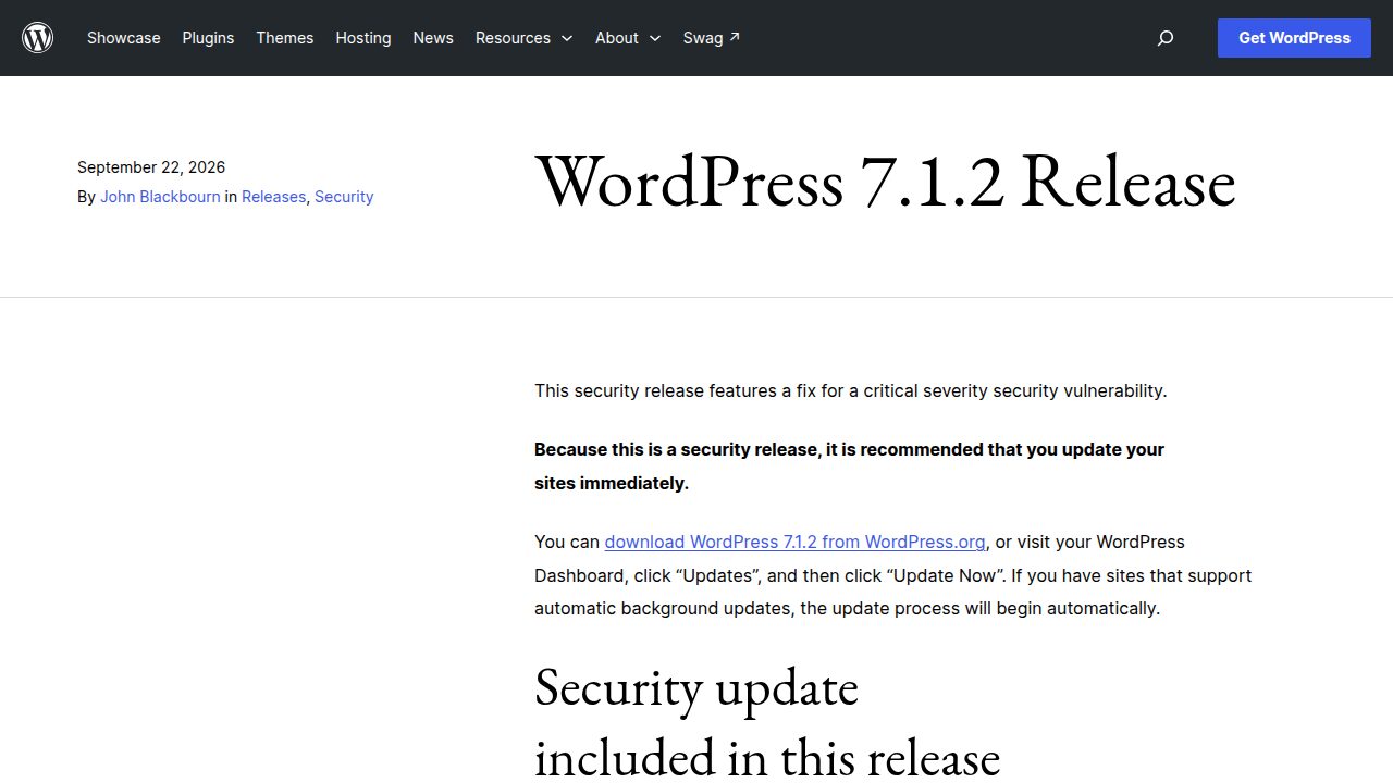 WordPress.org'daki WordPress 7.1.2 güvenlik sürümü duyurusu