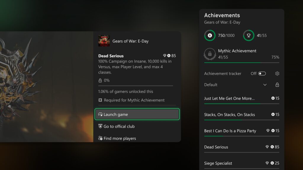 Xbox başarım ekranında Gears of War: E-Day için Mythic Achievement ilerleme çubuğu, 41/55 başarım ve yüzde 75 tamamlanma