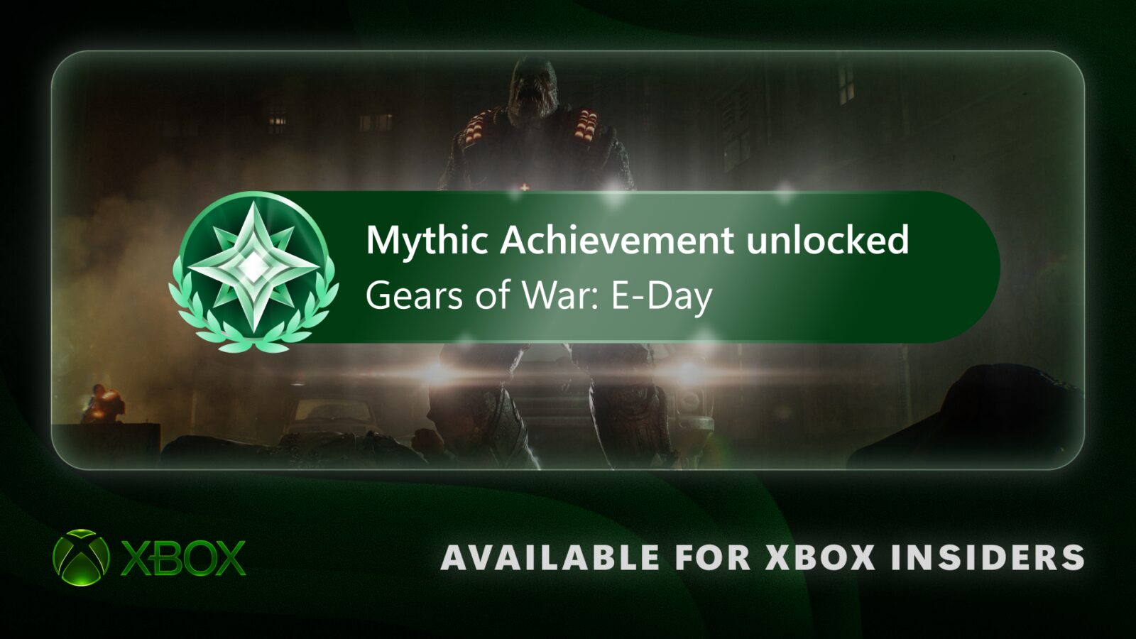 Xbox'ın resmi tanıtım görseli; Gears of War E-Day sahnesinin önünde yeşil yıldız ve defne dalı simgeli "Mythic Achievement unlocked" bildirimi
