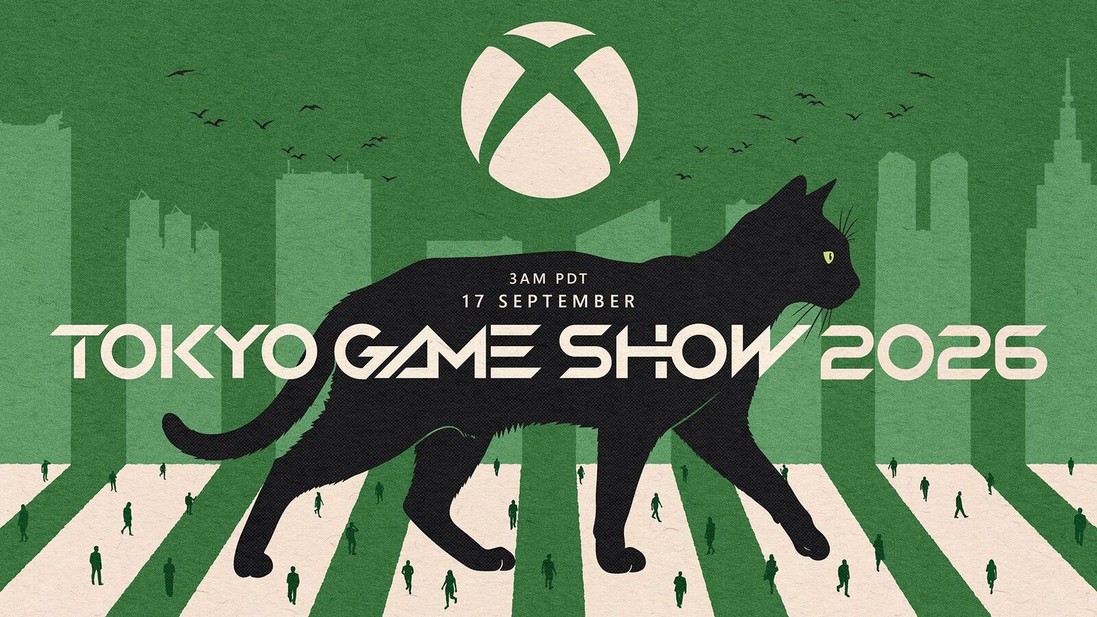 Yeşil zeminde Xbox logosu, Tokyo silueti ve yürüyen kara kedi illüstrasyonuyla Xbox'ın Tokyo Game Show 2026 tanıtım görseli