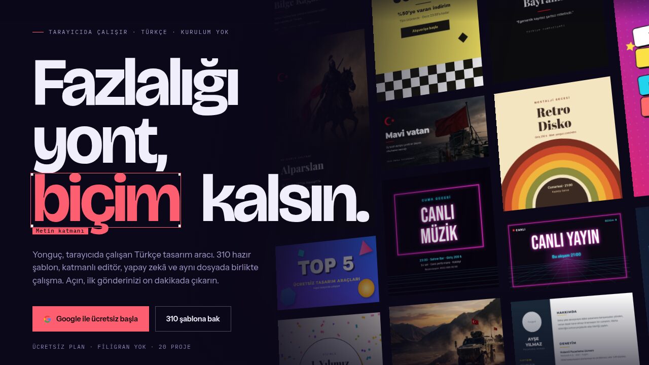 Yonguç ana sayfası, "Fazlalığı yont, biçim kalsın." başlığı ve sağda hazır şablon örnekleri