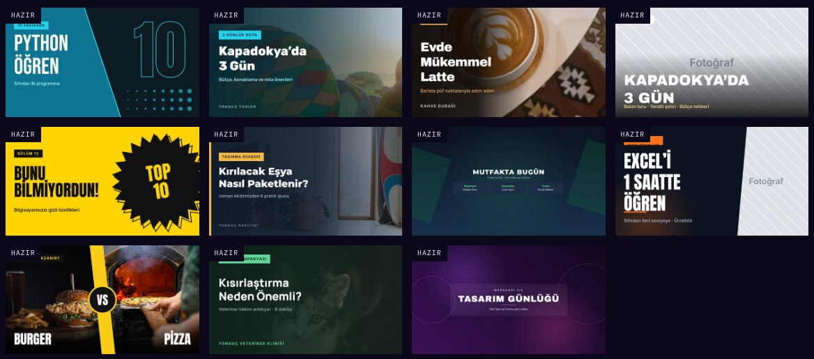Yonguç şablon galerisinde YouTube filtresiyle listelenen küçük resim şablonları