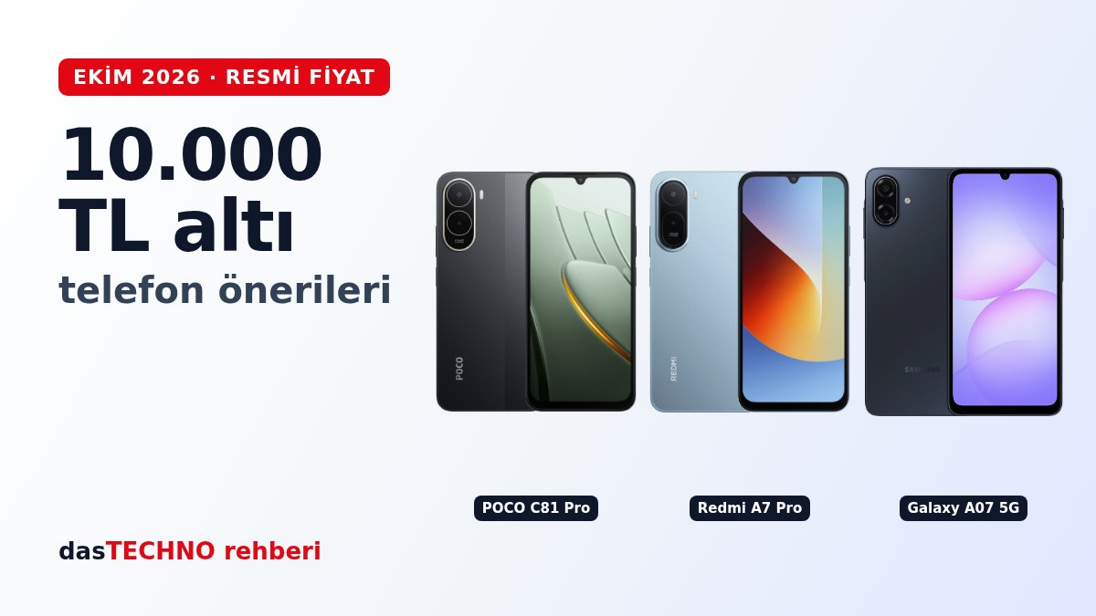 10.000 TL altı telefon önerileri: POCO C81 Pro, Redmi A7 Pro, Galaxy A07 5G telefonlarının yan yana görünümü