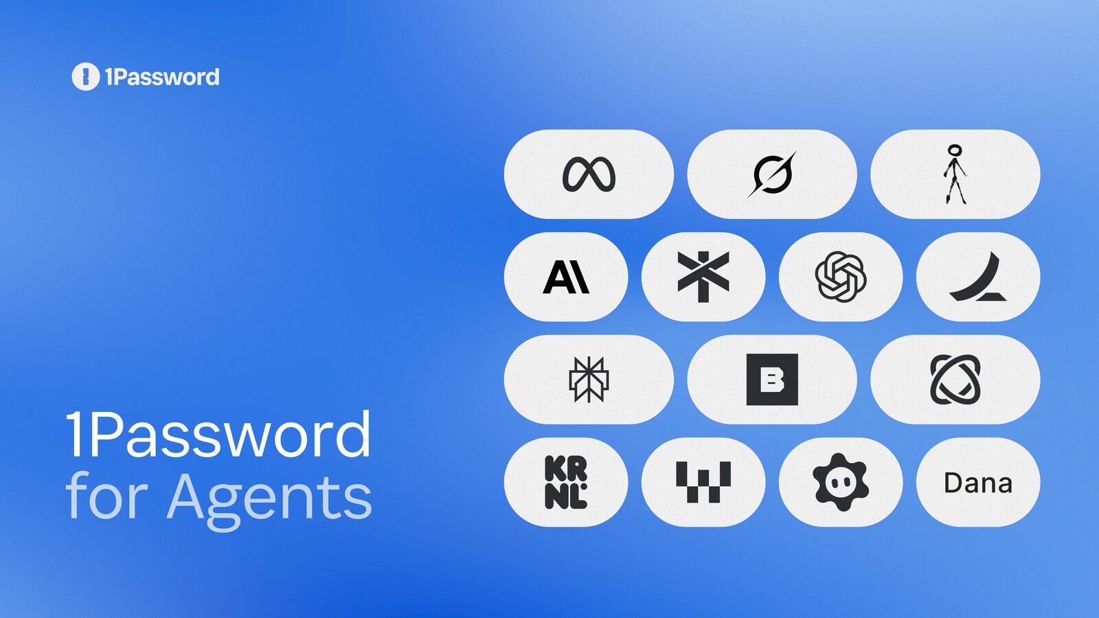 Aankondigingsbeeld van 1Password for Agents met logo's van partners als Meta, Anthropic en OpenAI