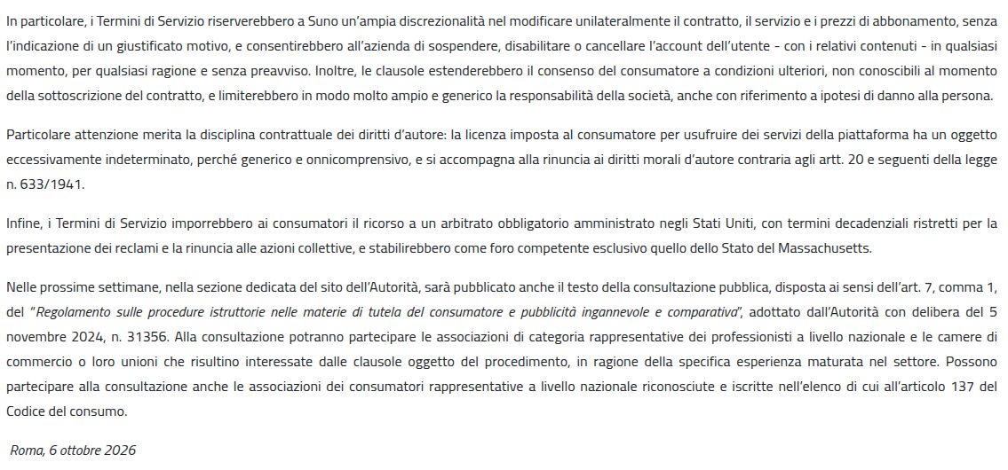 Il passaggio del comunicato AGCM sulle clausole contestate a Suno
