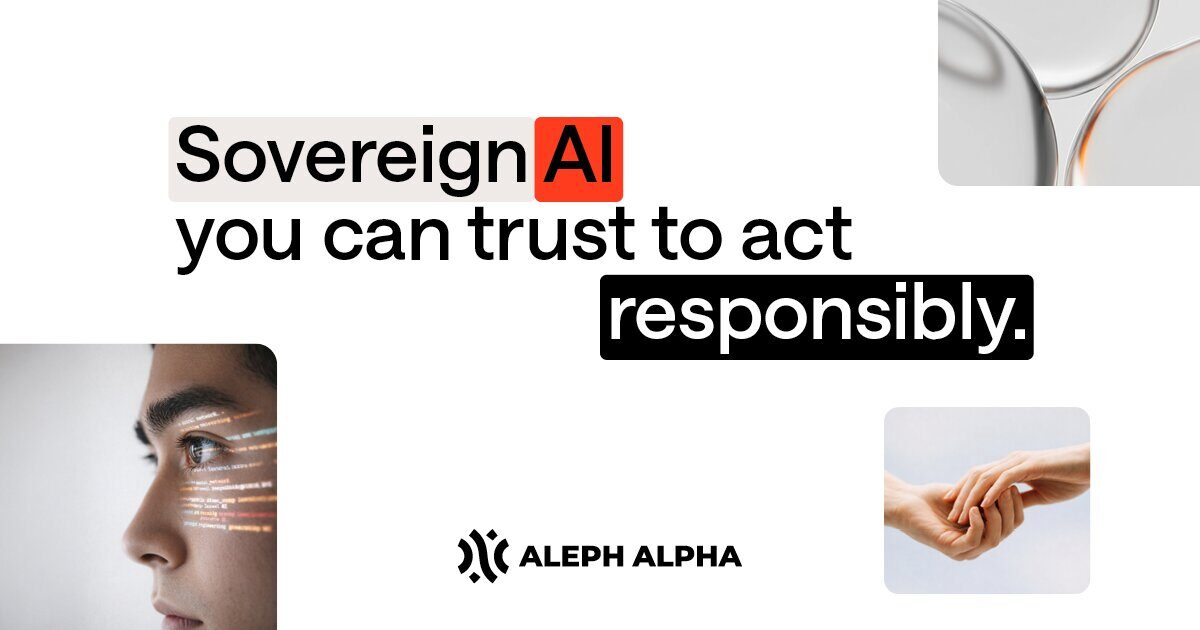 Markenbild von Aleph Alpha mit dem Schriftzug „Sovereign AI you can trust to act responsibly“