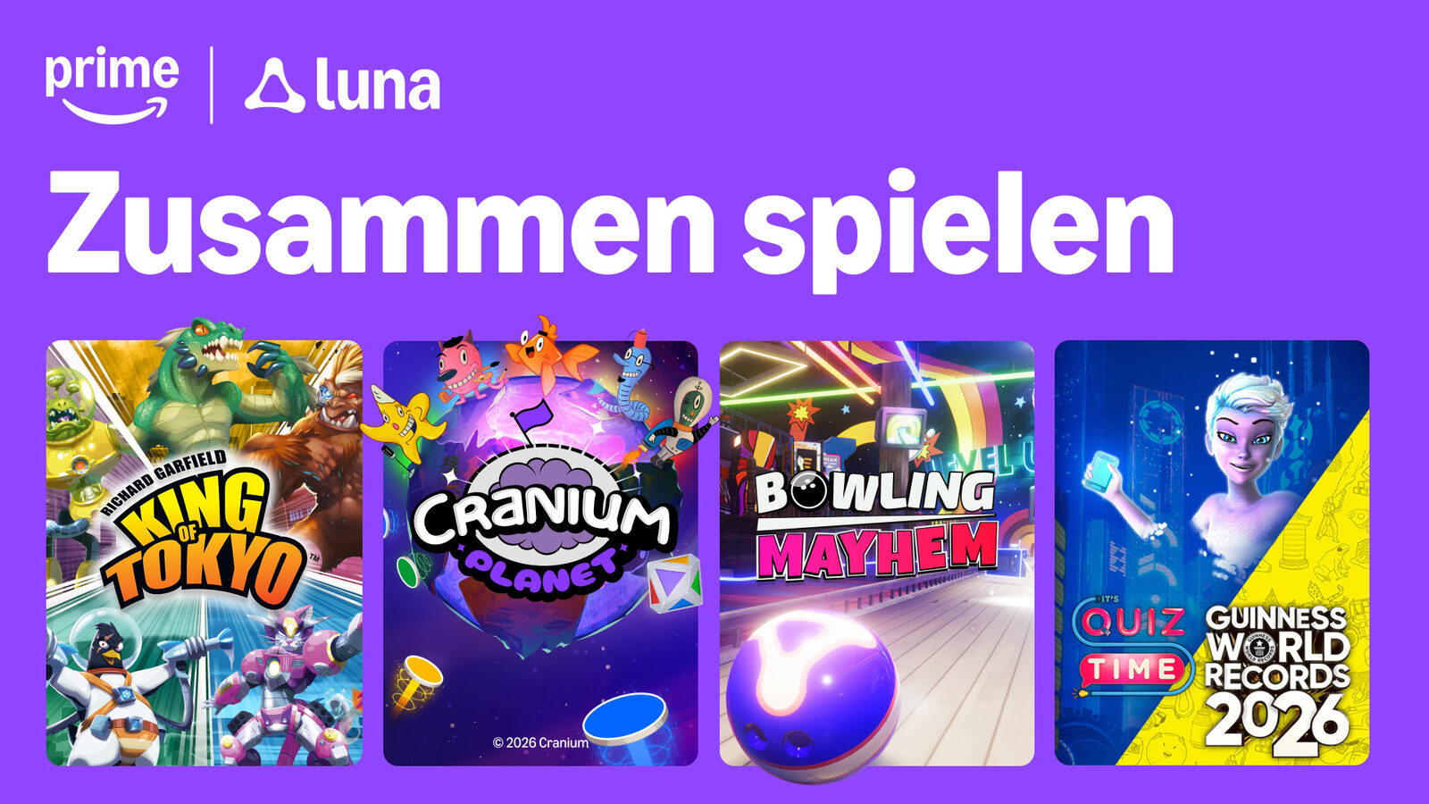 Bild: Amazon Grafik „Zusammen spielen“ mit den GameNight-Titeln King of Tokyo, Cranium Planet, Bowling Mayhem und Guinness World Records Quiz Time
