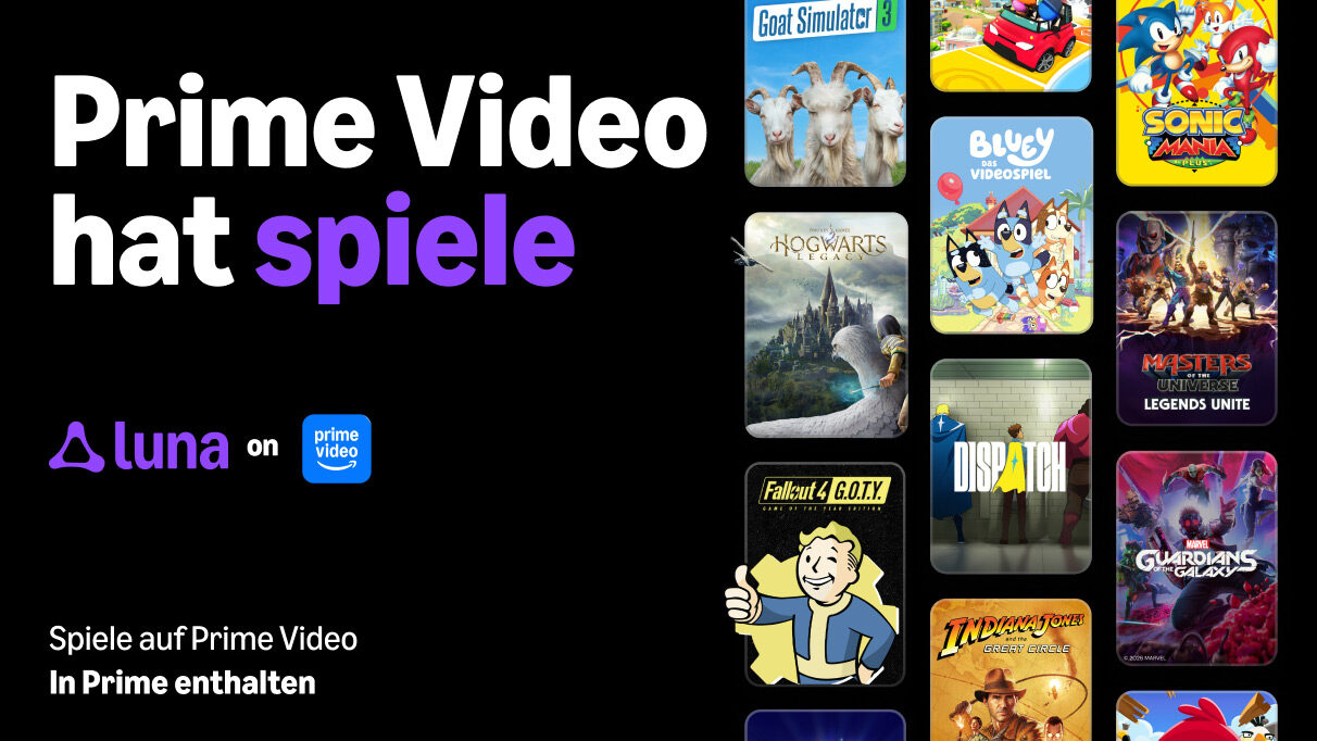 Werbegrafik mit dem Schriftzug „Prime Video hat Spiele“, Luna- und Prime-Video-Logo sowie Spielecovern wie Hogwarts Legacy, Dispatch und Bluey