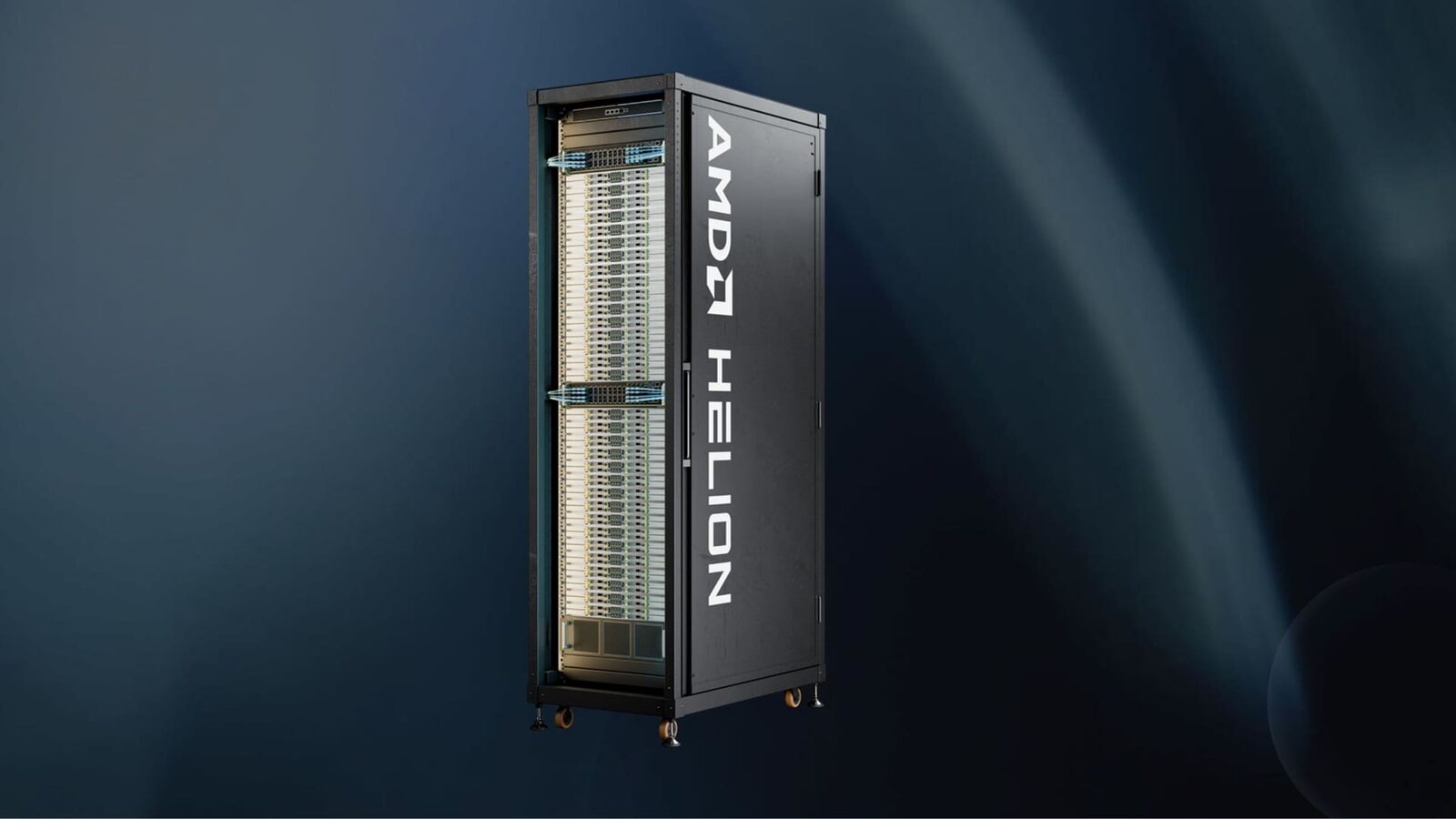 Schwarzes Server-Rack mit der Aufschrift „AMD Helion“ und geöffneter Front vor dunkelblauem Hintergrund