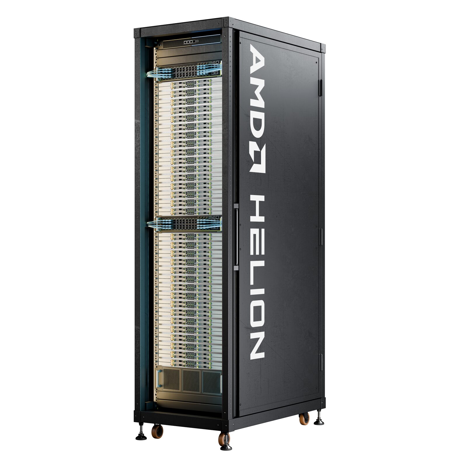 AMD Helion Rack in der Seitenansicht mit geöffneter Front und dicht gepackten Server-Einschüben