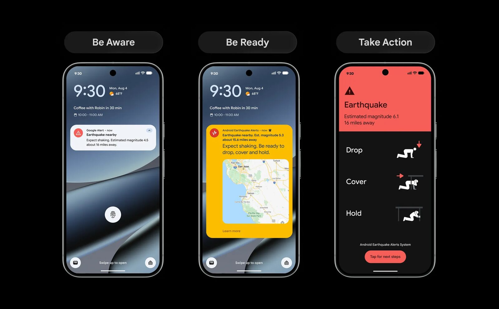 De drie waarschuwingsniveaus van Android: Be Aware, Be Ready en Take Action op een telefoonscherm