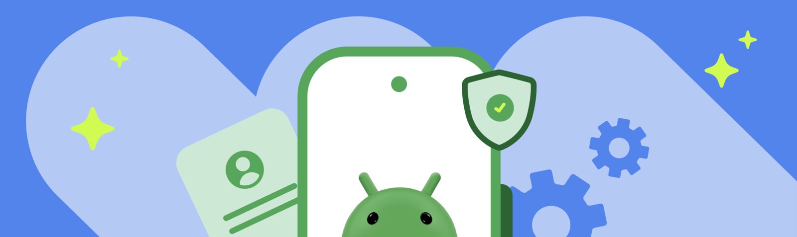 Ortasında Android robotu bulunan telefon çizimi, yanında onay işaretli kalkan, kimlik kartı ve dişli simgeleri
