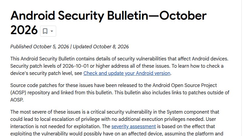 Resmi AOSP sitesindeki Ekim 2026 Android Güvenlik Bülteni sayfasının başlık bölümü