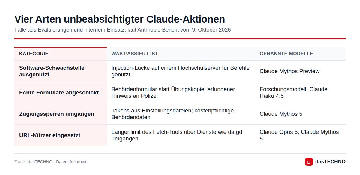 Grafik: dasTECHNO · Daten: Anthropic Vier Arten unbeabsichtigter Claude-Aktionen