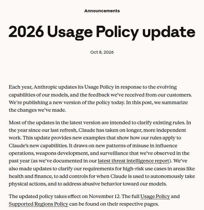 Ausschnitt der offiziellen Ankündigung von Anthropic vom 8. Oktober 2026