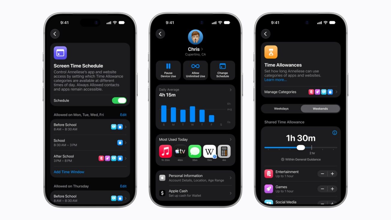 Drei iPhones zeigen die neue Bildschirmzeit-Oberfläche mit Zeitplan, Nutzungsübersicht eines Kindes und Zeitlimits pro App-Kategorie