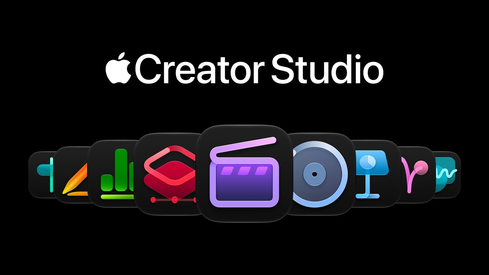 Siyah zemin üzerinde Apple Creator Studio yazısı ve altında Final Cut Pro, Logic Pro, Keynote, Numbers ve Pages dahil yan yana dizilmiş uygulama simgeleri