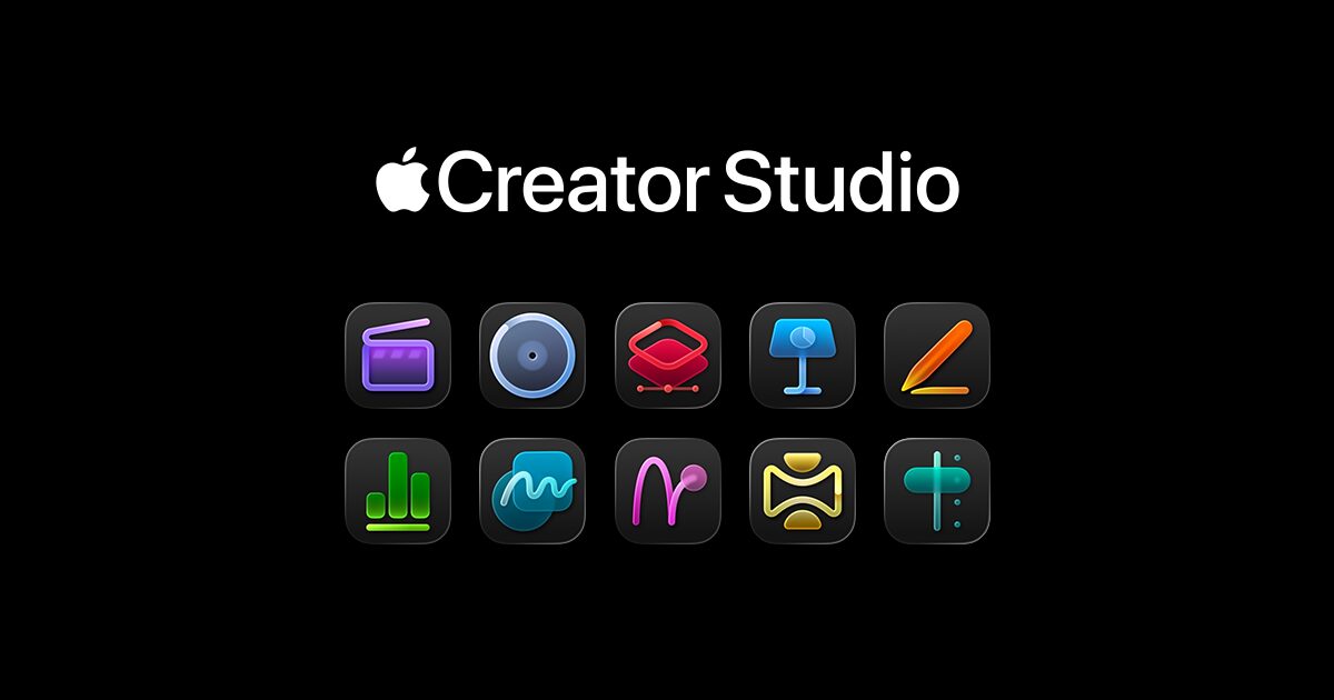 Schriftzug Apple Creator Studio über zehn App-Symbolen, darunter Keynote, Numbers, Pages, Final Cut Pro und Logic Pro