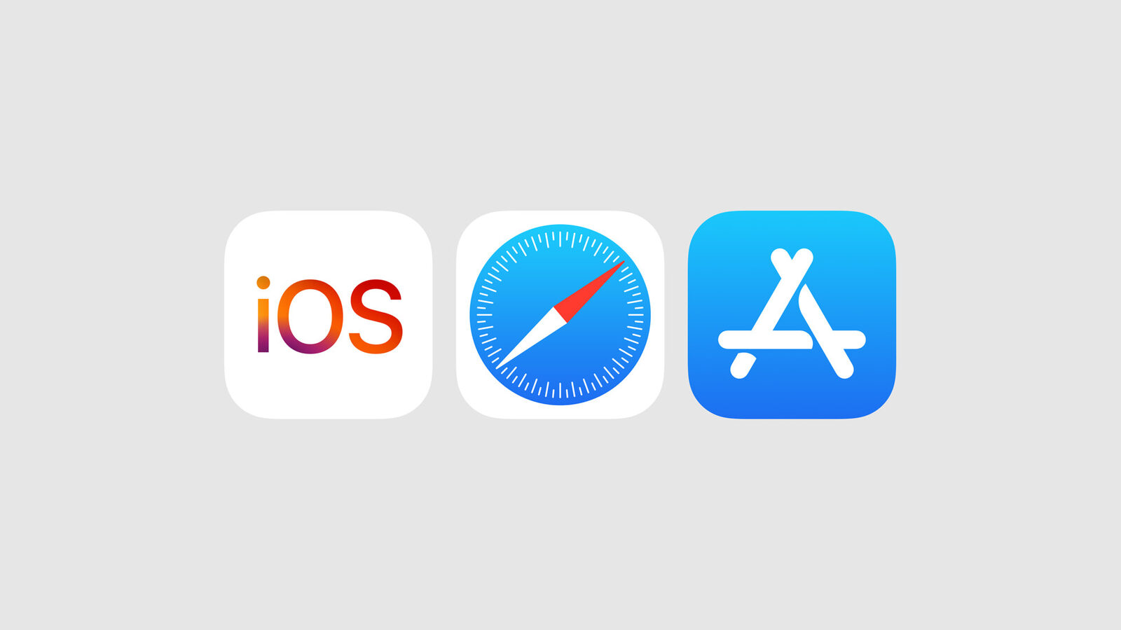 De iconen van iOS, Safari en de App Store naast elkaar op een lichtgrijze achtergrond