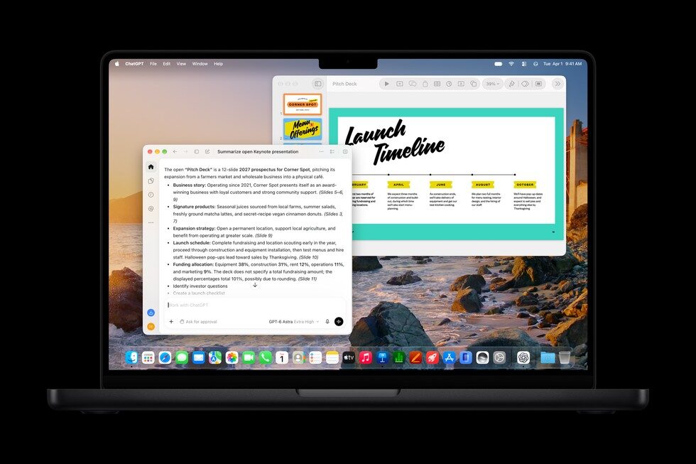 Mac'te ChatGPT uygulamasının açık bir Keynote sunumunu slayt numaralarıyla özetlediği ekran