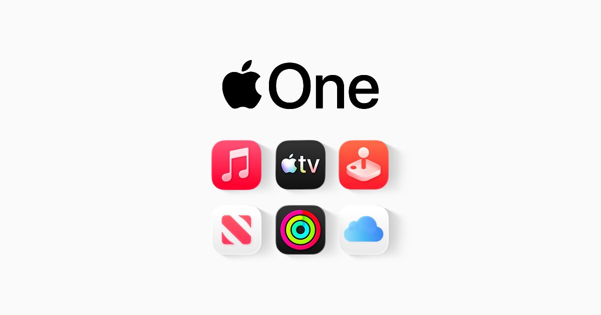 Het Apple One-logo met de pictogrammen van Apple Music, Apple TV, Apple Arcade, Apple News, Fitness en iCloud