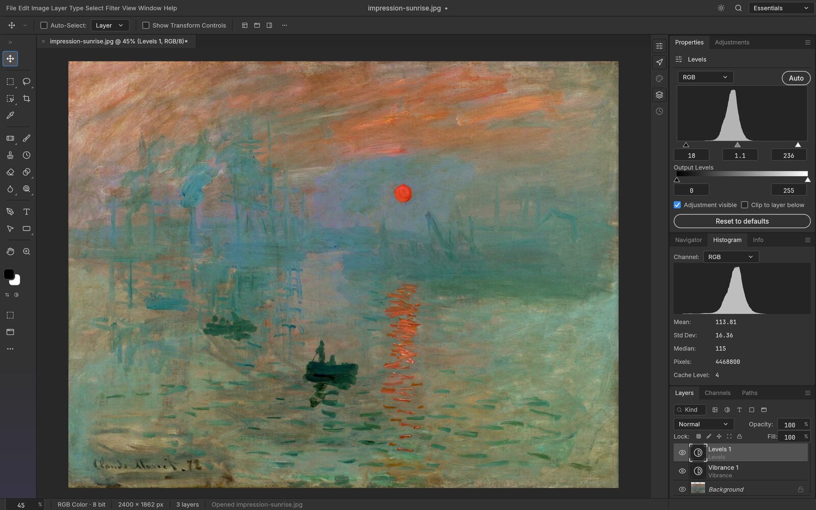 Interfaccia di PhotoCraft con un dipinto di Monet aperto, il pannello delle regolazioni e l'istogramma sulla destra