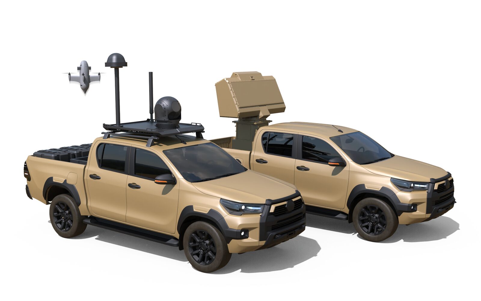 ASELSAN GÖKALP İHA önleme sisteminin iki 4x4 pikap üzerindeki radar, sensör ve önleyici dron düzeni