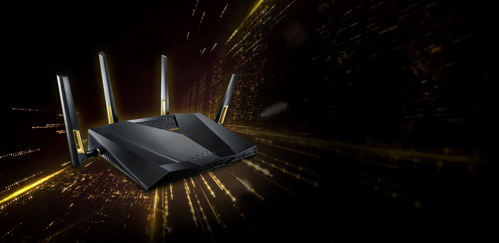 Siyah gövdeli, dört antenli örnek bir ASUS Wi-Fi router'ı