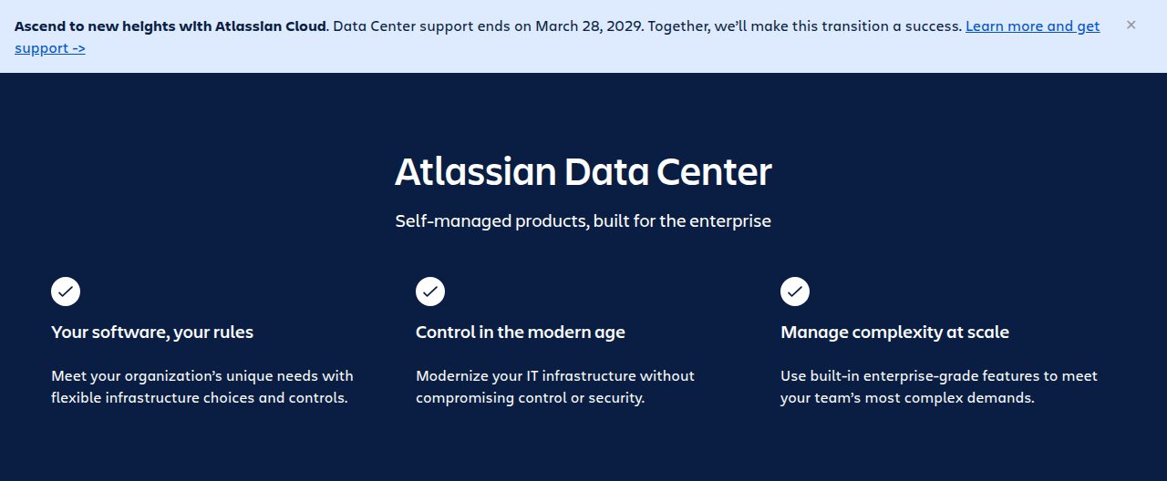 Startseite von Atlassian Data Center mit dem Hinweis auf das Supportende im März 2029